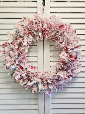 Hand Crafted Farmhouse Country Shabby Chic Fabric Rag Wreath Red White & Blue